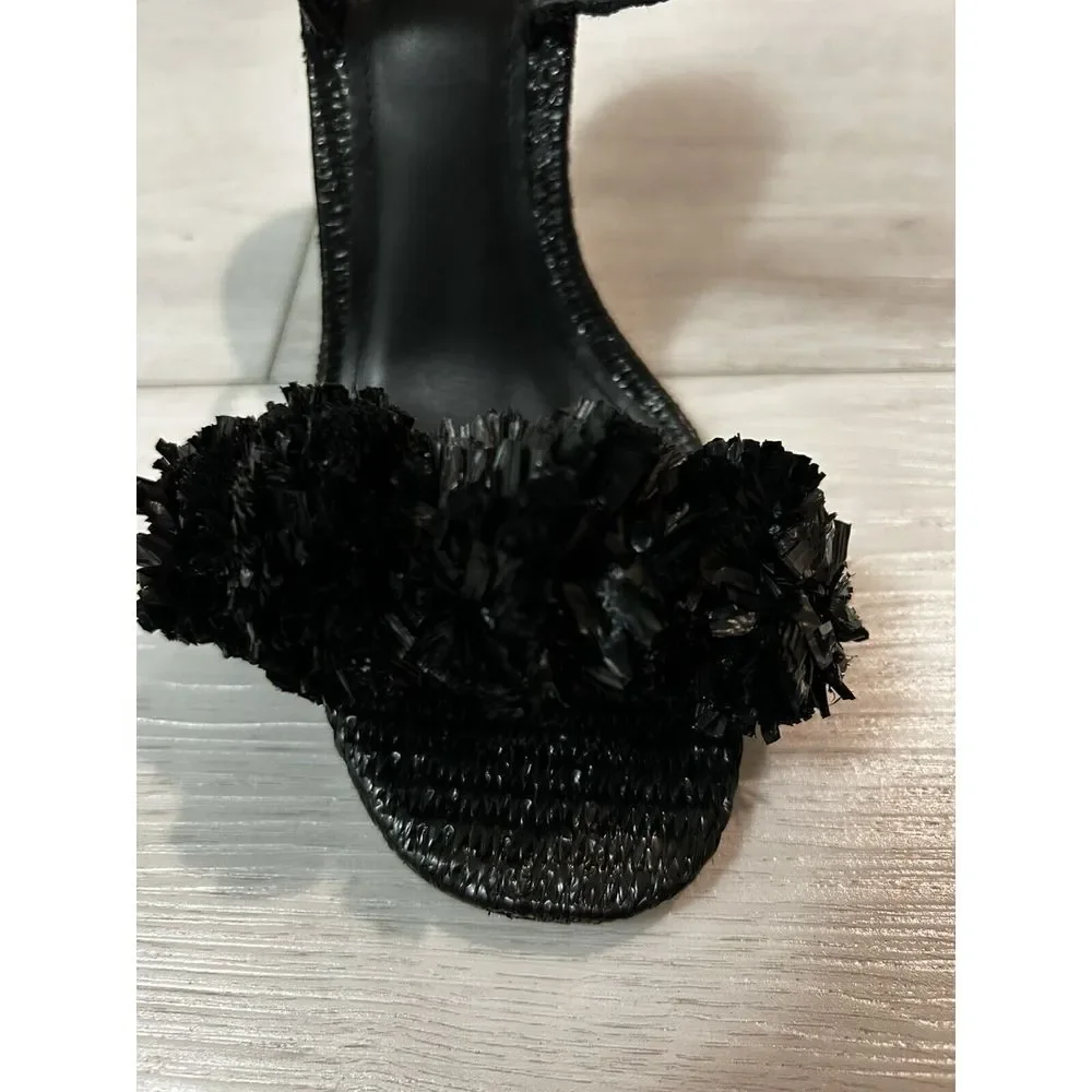 LARROUDE Marilyn Strappy Sandals Size 9.5 Black Raffia Leather‎ $330 Pom Poms